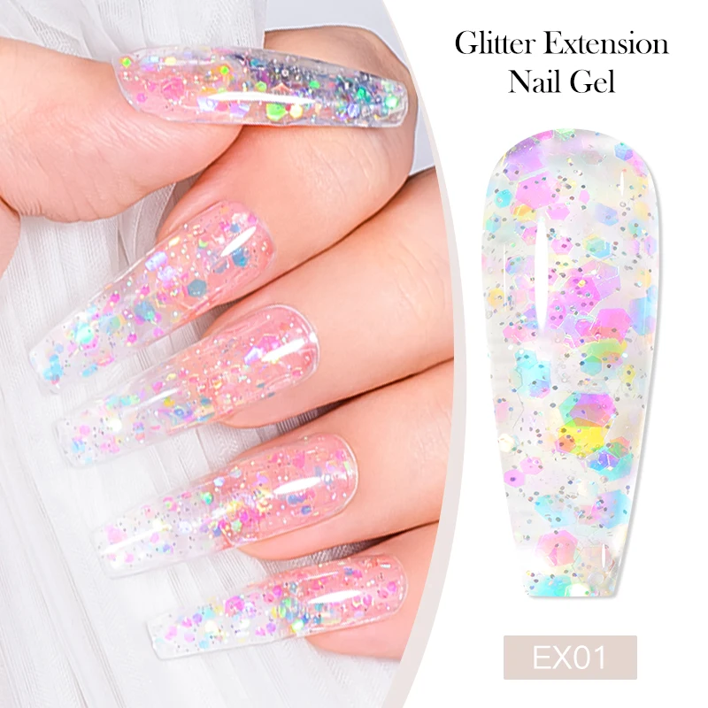 MEET ACROSS 20 ml Sparkly Quick Extension Gel Nagellack Glitzer Pailletten Semi Permanent UV Builder Gel Lack Nail Art Maniküre