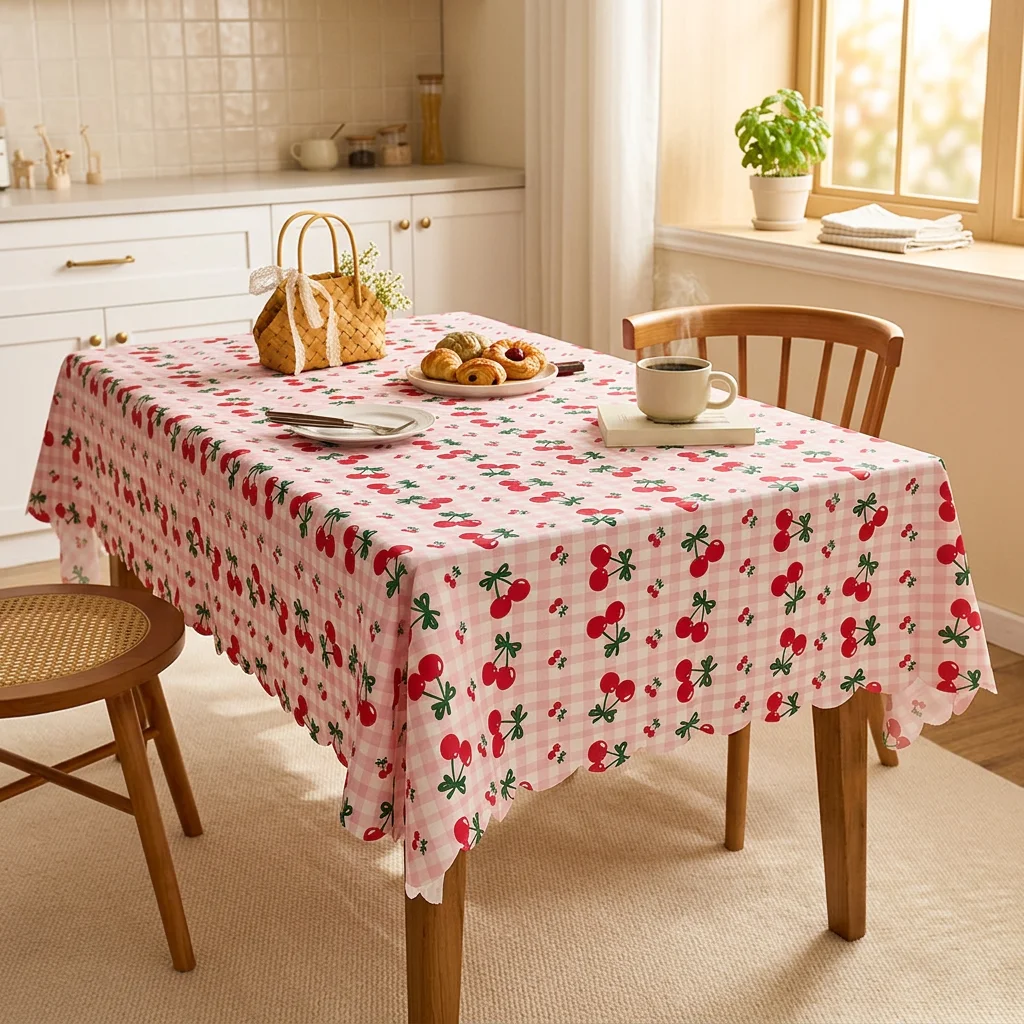 Niedliche Kirsch-Tischdecke, wasserdicht, rosa Kirsch-Tischdecke, waschbar, schmutzabweisend, Küchentischdecke für Zuhause, Party-Dekoration