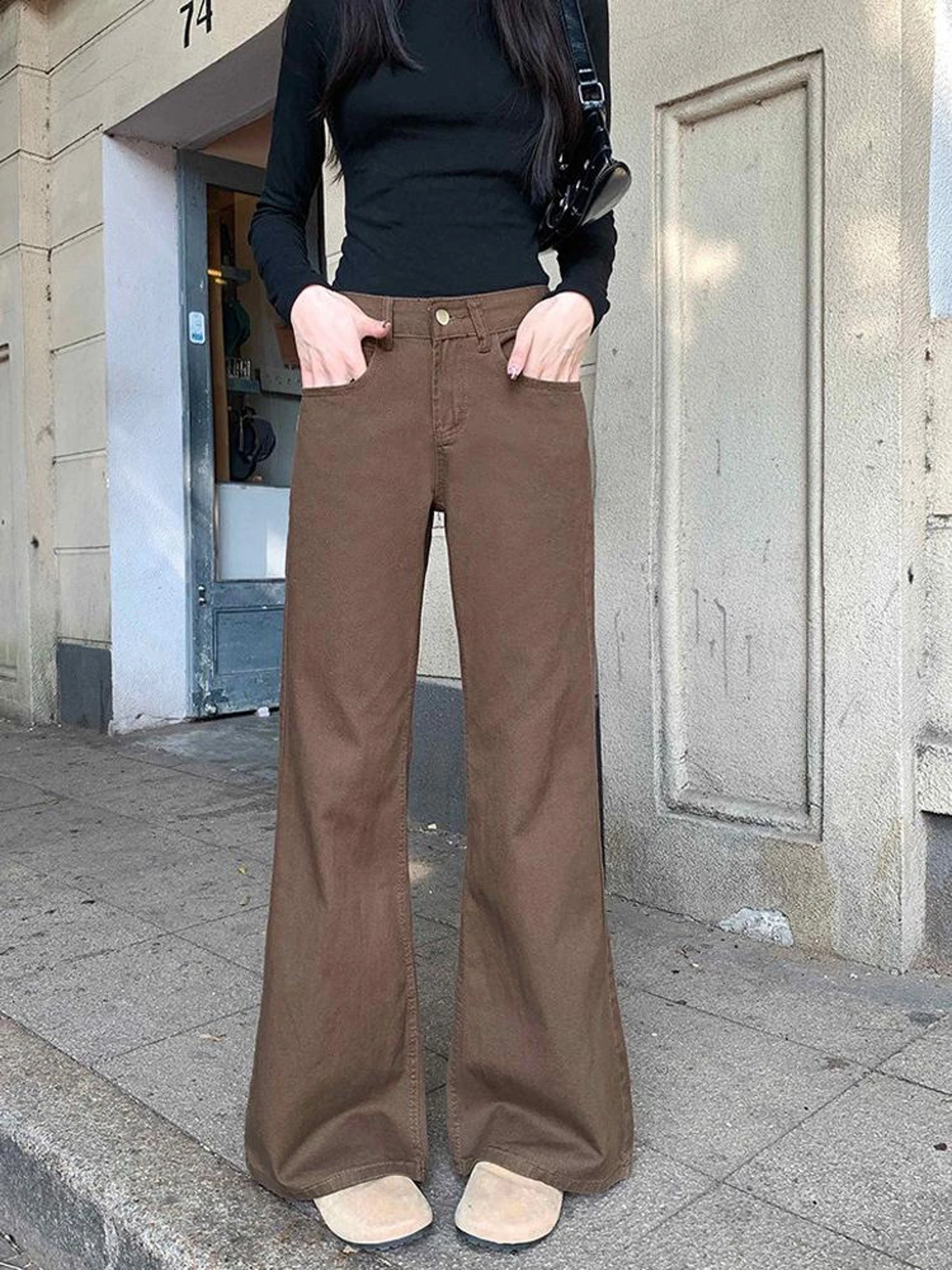 

Summer 2026 High Waist Bell Bottom Denim Jeans Women's Chic Casual Straight Leg Trousers Coffee Color Versatile Fashionable