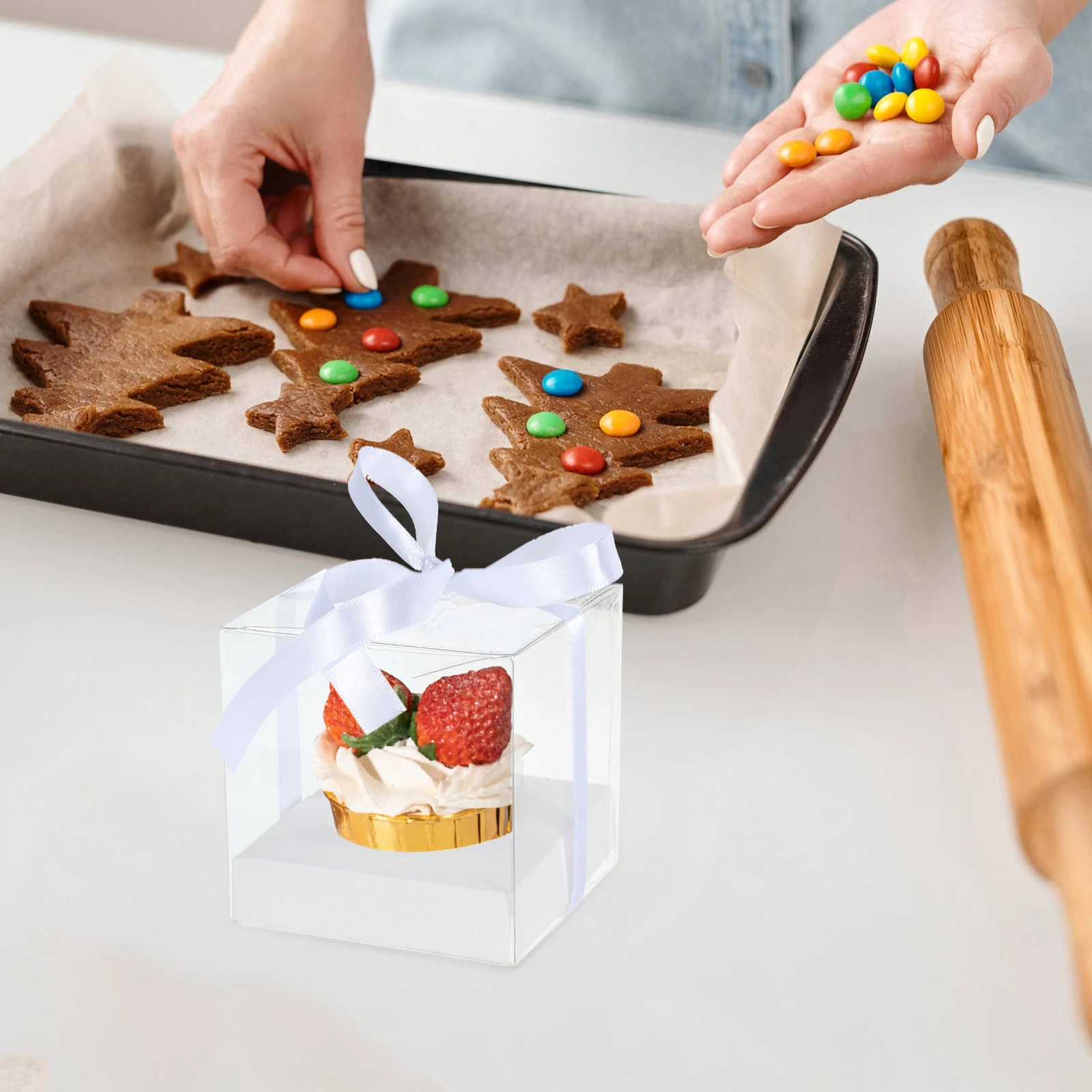 

30 Pcs Box Boxes 9x9x9CM Black Transparent PET Reusable Clear Cake Box Bakery Containers With Ribbon For Mousse Display