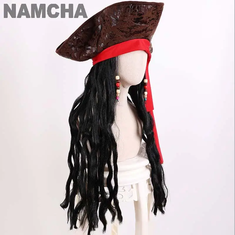 Peluca de pirata de capitán Jack Sparrow, sombrero de Cosplay de pelo largo negro y rizado, gorro de pirata para adultos, rendimiento de escenario, accesorios de disfraz de Halloween