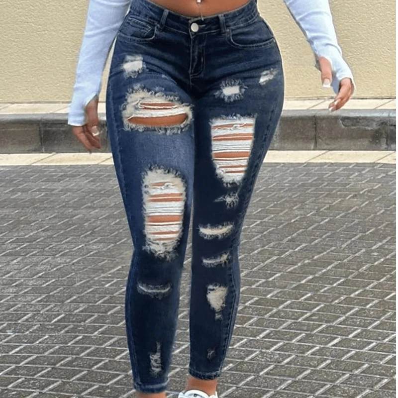 High Waisted Warm Fleece Lined Y2K Ripped Skinny Jeans Women Stretch Denim Vintage Retro Style Comfort Fit Fashion