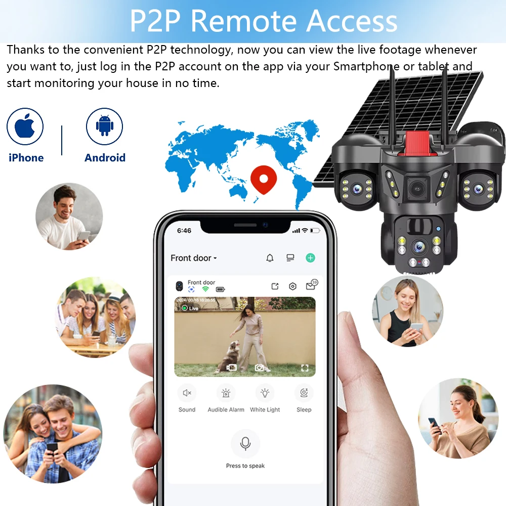 Three Lens Solar Camera 4G Sim Outdoor 15MP Three Screen WiFi PTZ Solaire Panel Cameras Color Night Vision Home IP Surveillance