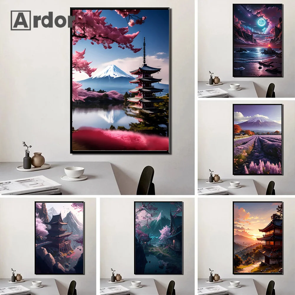 Japan Sakura Kyoto Temple Tower Fuji Mountain Poster Cherry Blossoms Print Diamond Painting Wall Pictures Living Room Home Dec