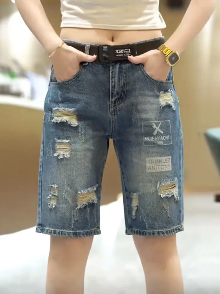 

Рваные джинсовые шорты, свободные прямые брюки, лето 2025 года, модные брендовые тонкие потертые повседневные брюки, полубрюки, мужские шорты