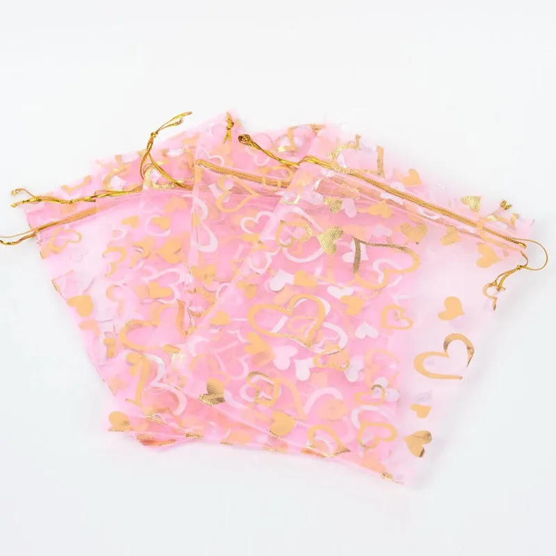 ​20/50pcs/lot Drawstring Organza Gift Bag Hot Gold Color heart Print Pouches Wedding Party Candy Jewelry Packing