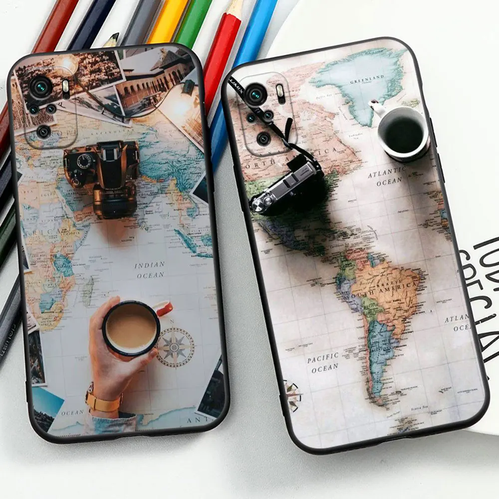 W-World M-Map Tourism Travel Airplan Plane Phone Case For Redmi Note 13 12 12T 12S 11 11T 11S 10 10S 9 9T 9S 8 8T Pro Plus Cover