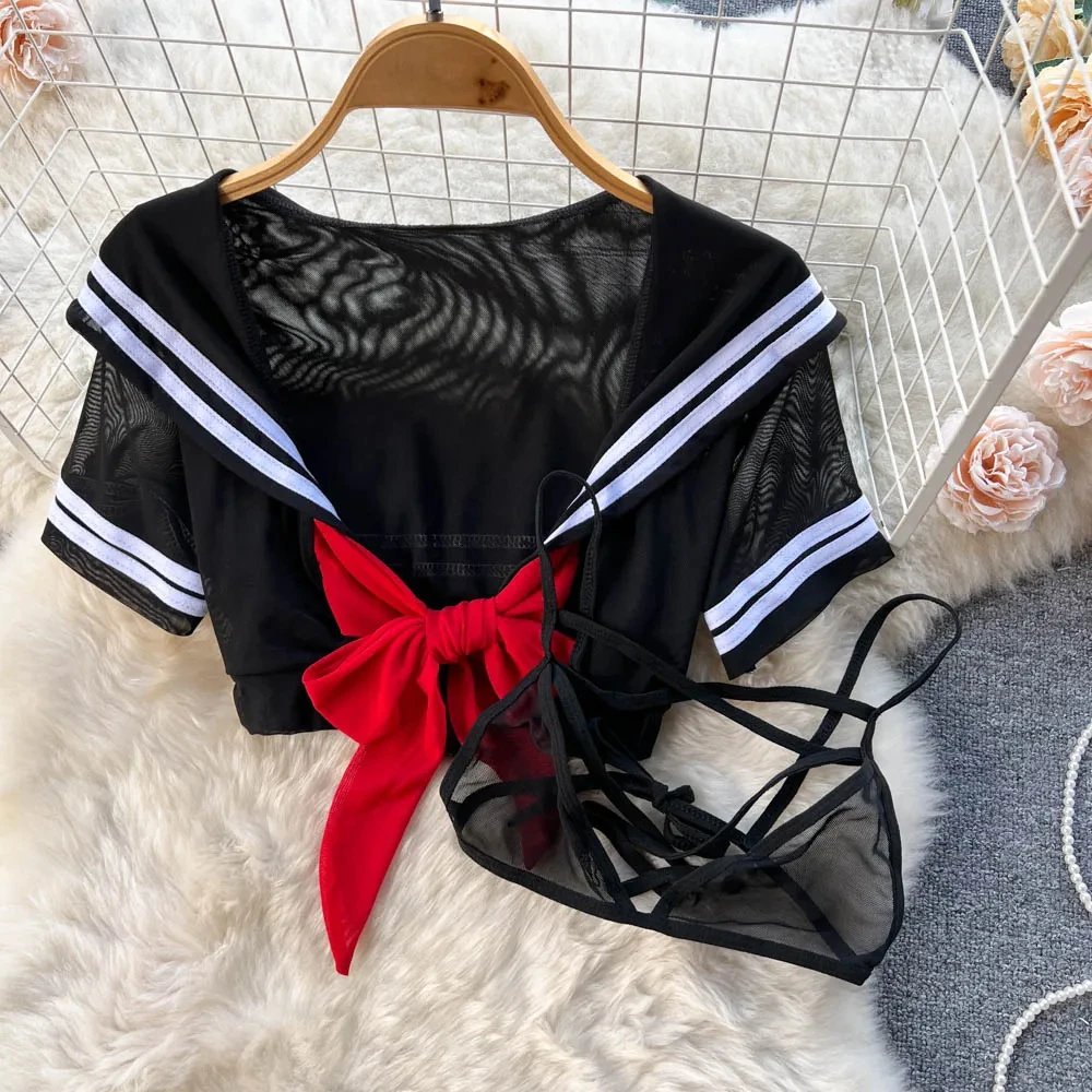 Women\'s Sexy Transparent Sailor Student Uniform Cosplay Costume with Sheer Bowknot Stripe Patchwork Top + Mini Skirt 2-Piece Set