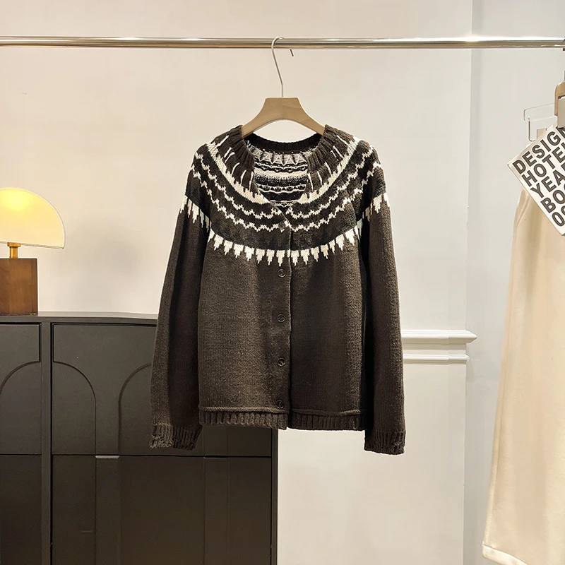 

Nordic Thickened Long Sleeve Knitted Sweater Cardigan Women's Loose Fit Geometric Pattern Autumn Winter Fashion Casual Style