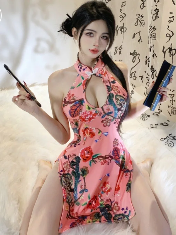 Style Sexy Chinese Turtleneck Hollow Slit Cheongsam Uniform Elastic Waist Forking Printing Polychrome Temperament Dress RetroE3 - view 6