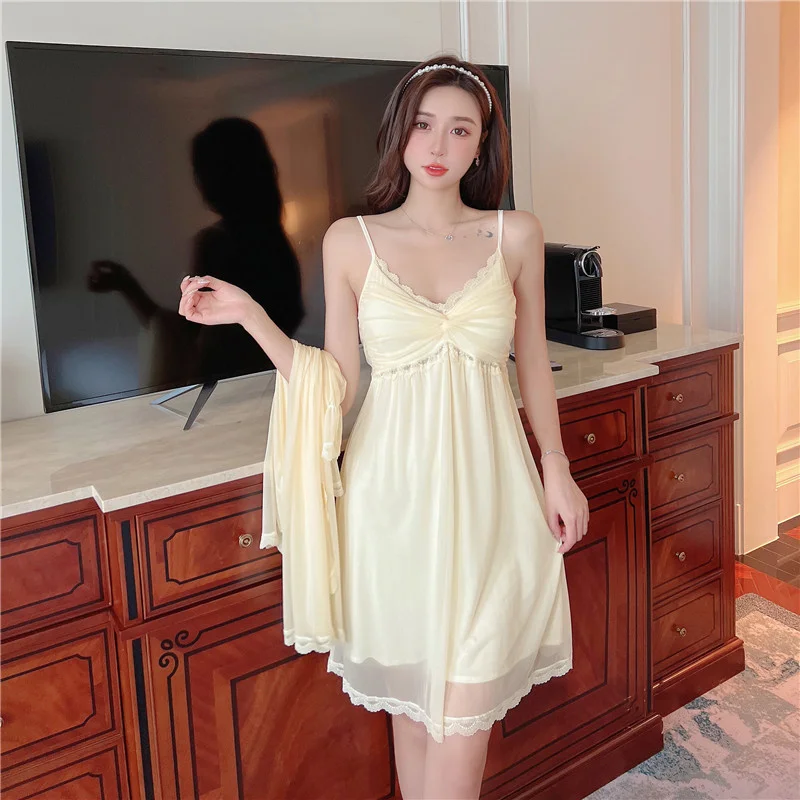 Summer 2Pcs Sweet Robe Nightdress Set Women Mesh Bathrobe Suit Sleepwear Chemise Nightgown Lace Elegant Hollow Home Gown