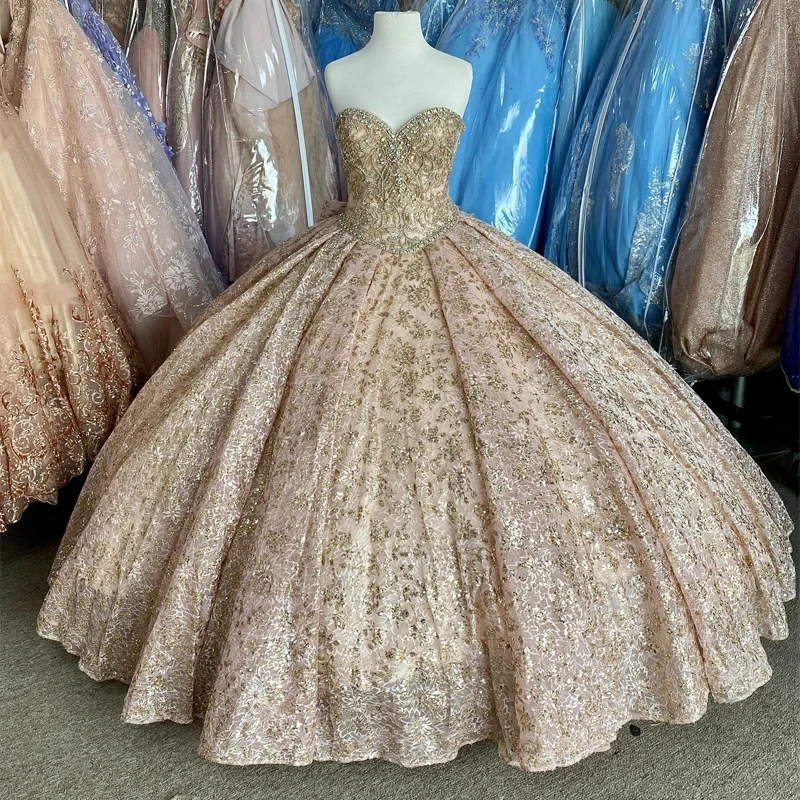 

Sparkly Champagne Lace Quinceanera Dresses Ball Gown 2024 Sweetheart Beaded Gold Sequins Off Shoulder Sweet 16 Dress Lace-up