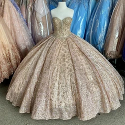 Sparkly Champagne Lace Quinceanera Dresses Ball Gown 2024 Sweetheart Beaded Gold Sequins Off Shoulder Sweet 16 Dress Lace-up