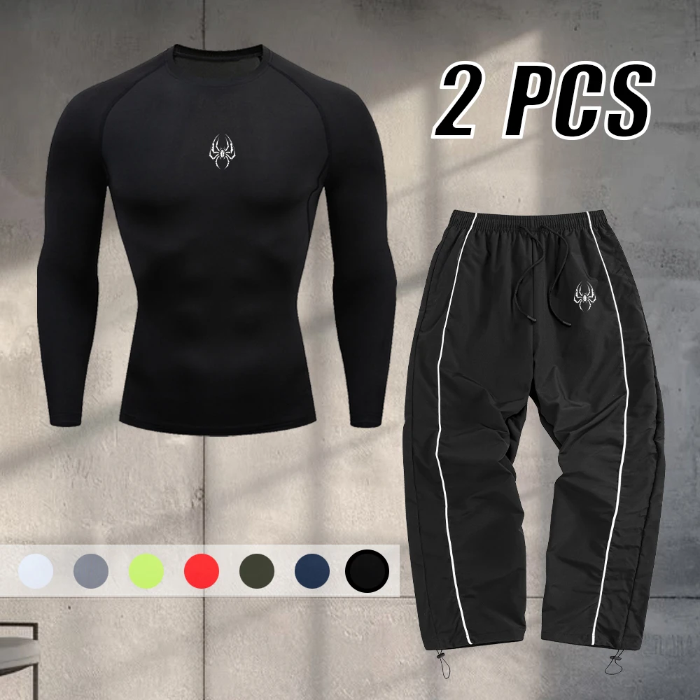 Men's Trendy Spider Print Fitness Set Quick Drying Tight Fitting Long Sleeve And Trousers 2 Piece Casual Running Sportswear Set