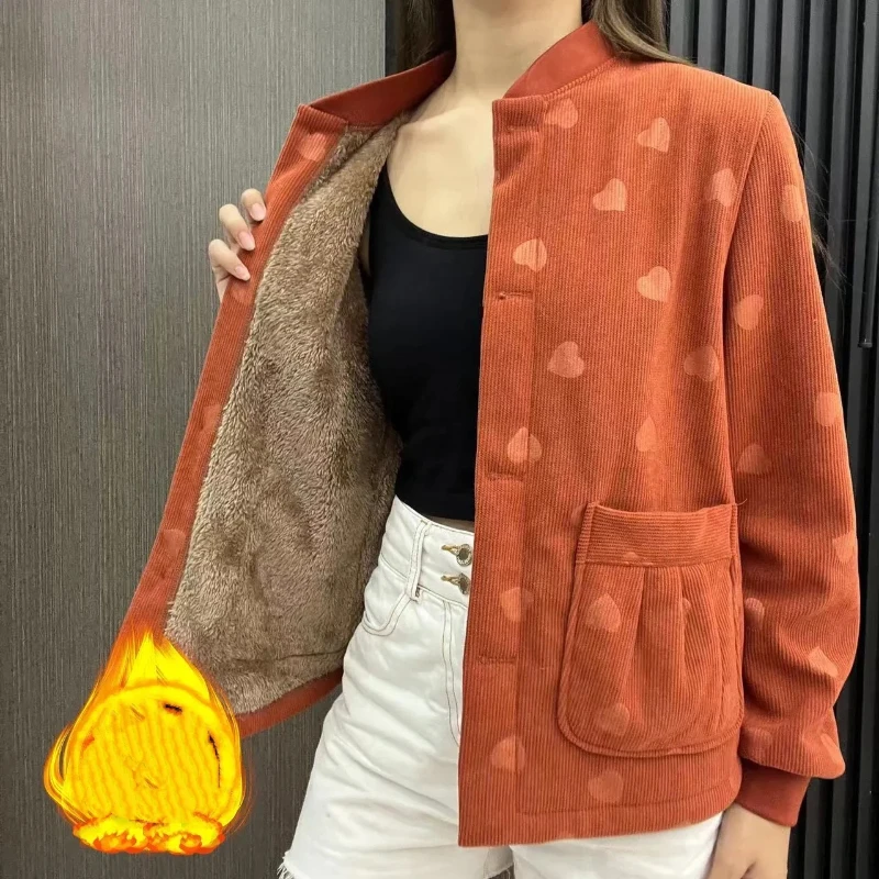 

Теплая вельветовая куртка с сердечками для женщин, осень-зима, повседневная свободная посадка с карманами