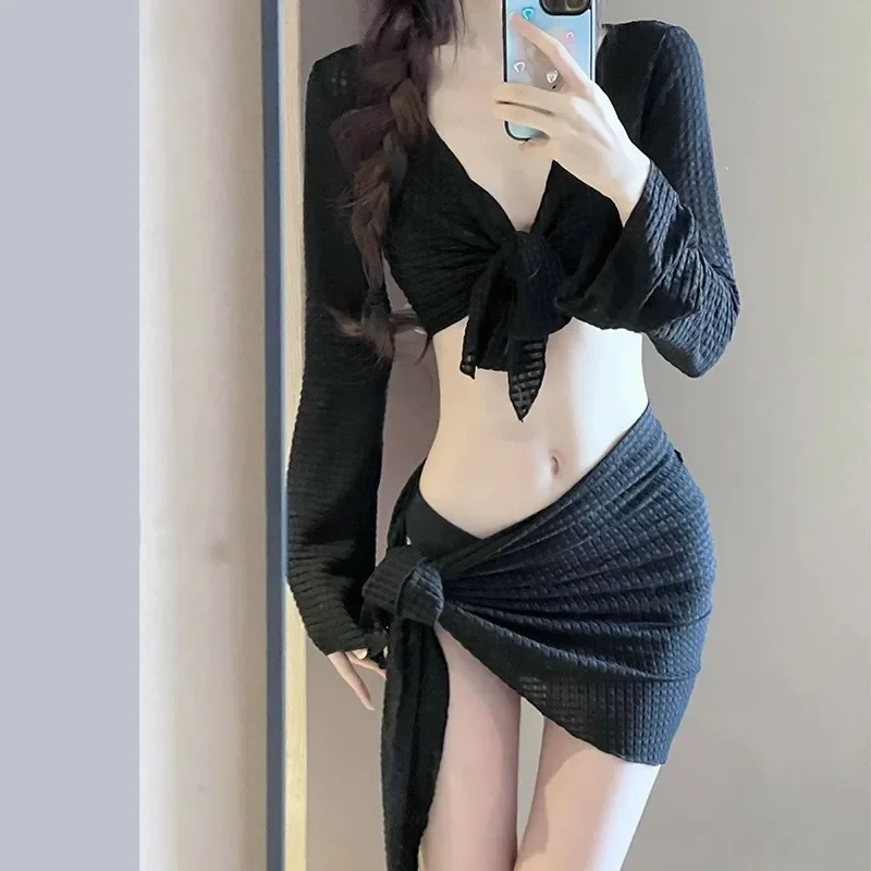 Conjunto de bikini de punto de manga larga para mujer, traje de baño push-up sexy puro con cubierta, traje de baño elegante para vacaciones en la playa