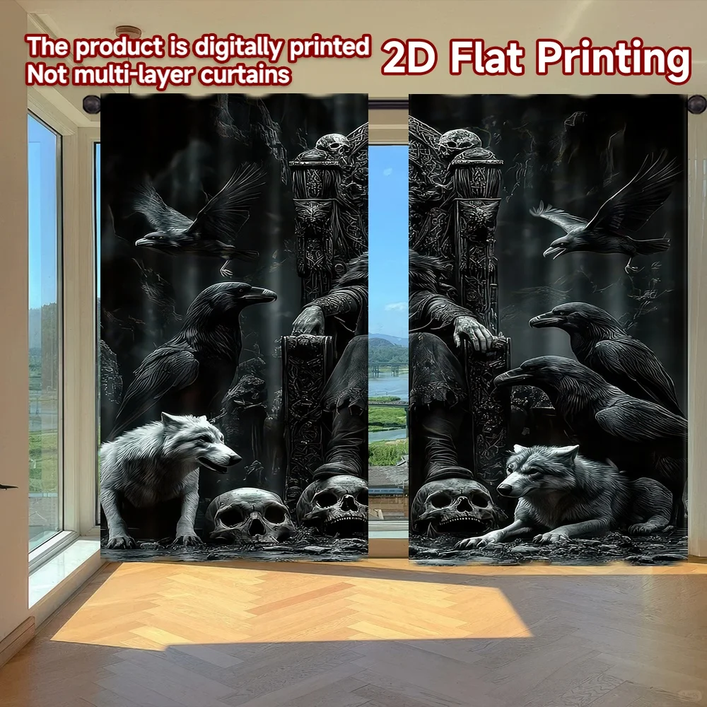 

2D flat printing 2pcs Curtains Dark Throne and Ravens Digital Printed Polyester Drapes Festive Holiday Use for Indoor Outdoor