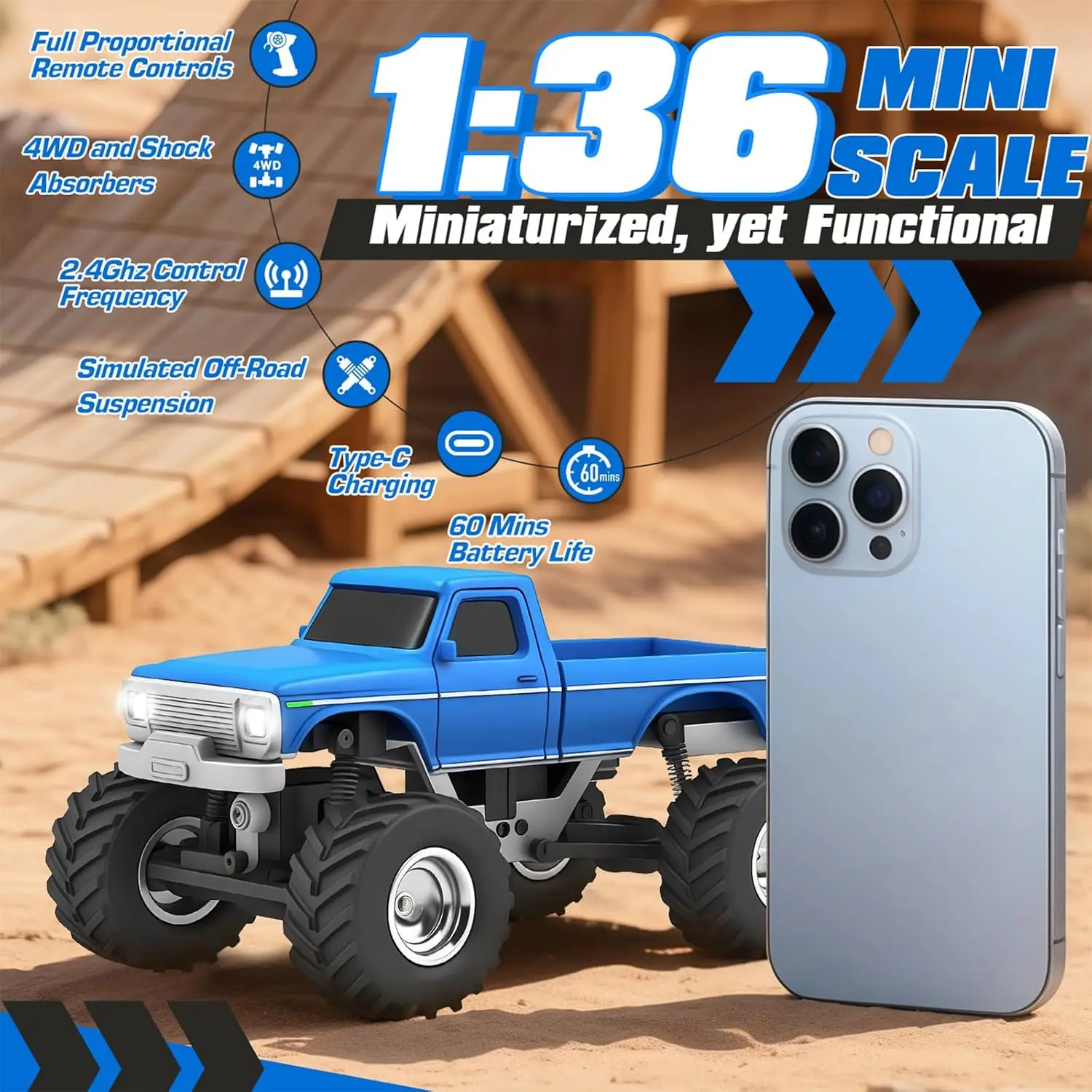1/36 Scale 4WD Mini RC Crawler Upgrade 2026 Blue Micro Off-Road Truck Remote Control Car Toy for Ages 14+