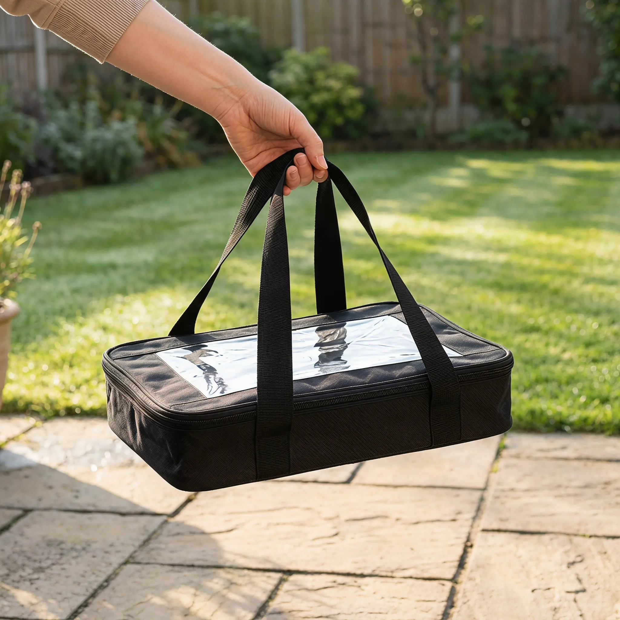Stackable Foil Pan Carrier Hot Cold Food Tote Fits 9x13 Baking Dish Oxford Cloth Pan Holder Long Handle Insulated Picnic Party