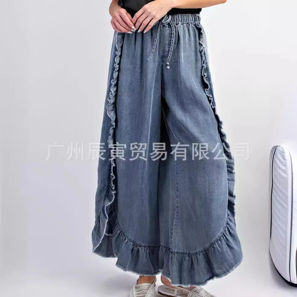 

Women's Spring and Summer New Fashion Nine-point Wide-leg Pants, Bohemian Style Washed Cotton Denim Flounce Frilled Flared Pants