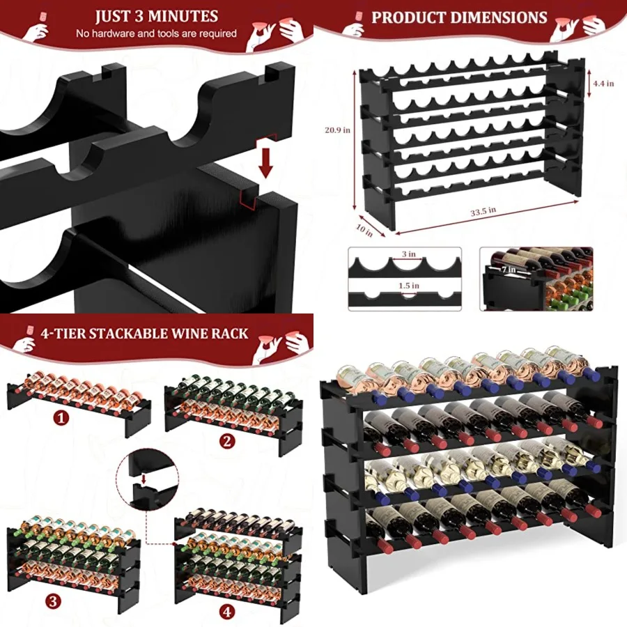 

Wine Rack Freestanding Floor - 36 Bottle Wooden Stackable Wine Storage Holder for Cabinet, Bar, Pantry and Cellar 33.5 inch Wid