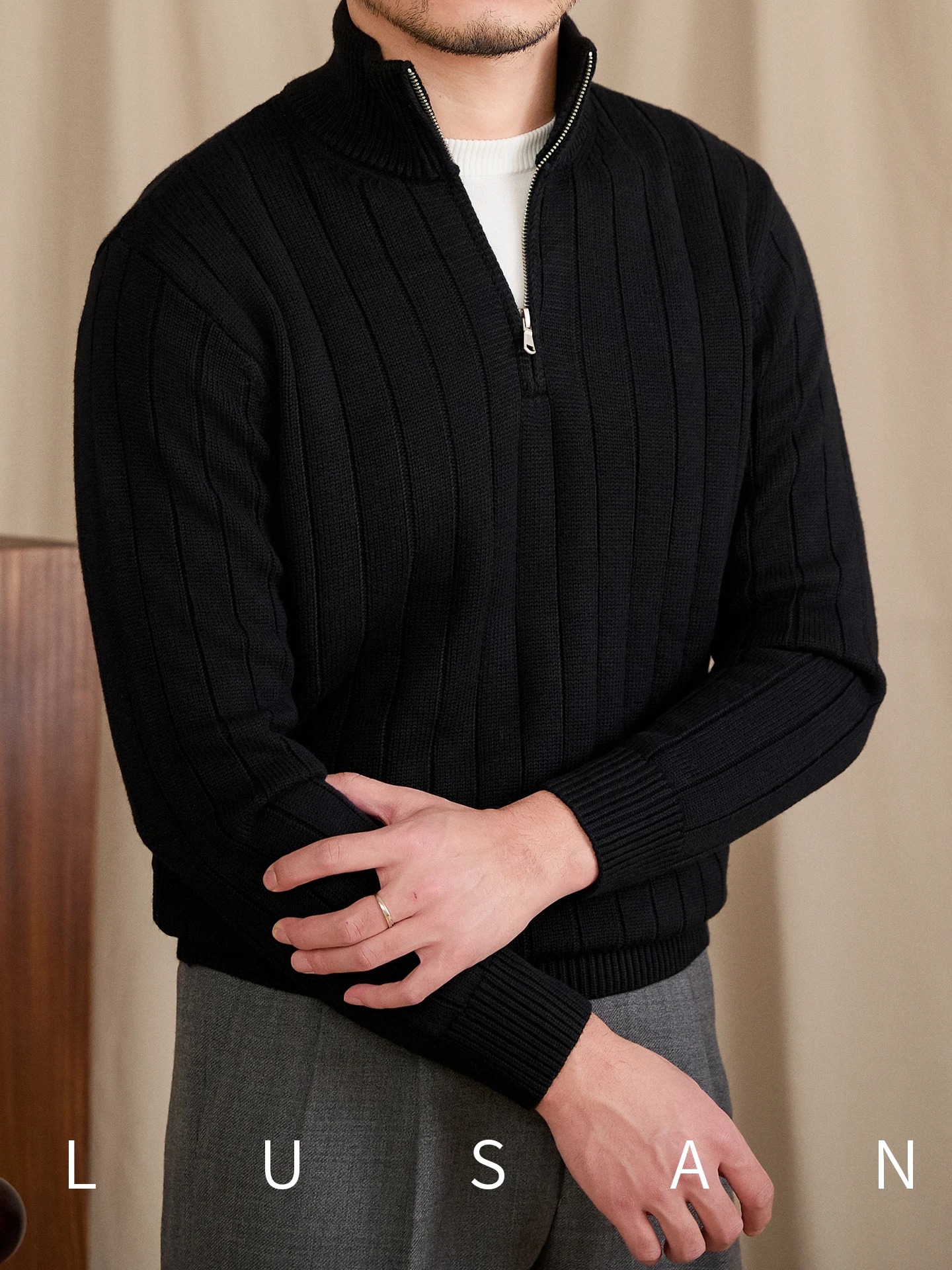 High-End Autumn and Winter Wool Blend Blend Stand Collar Pullover Bedford Cord Sweater Commute Leisure Flat Woven Shirt for Men