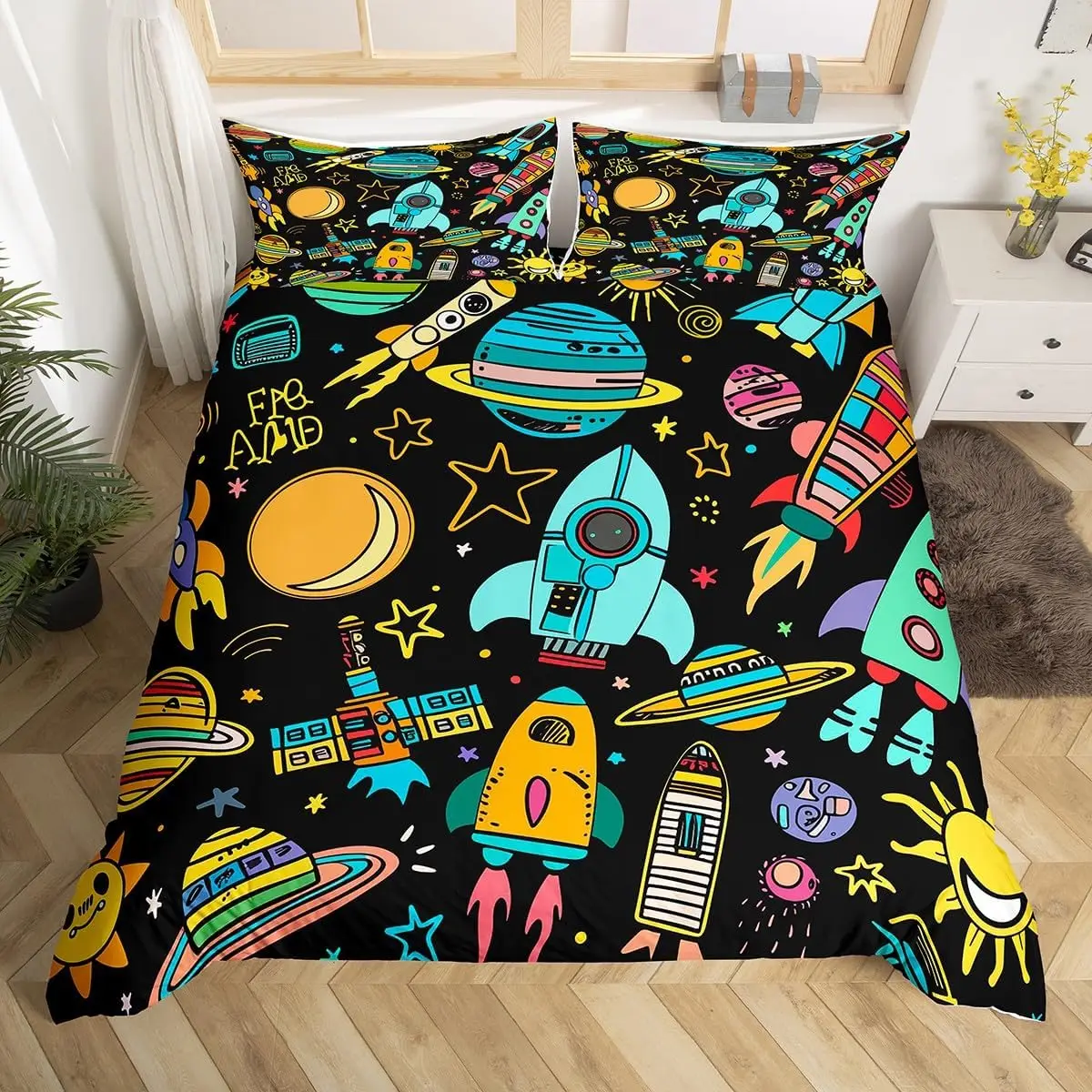 Cosmic Rocket Astronaut Duvet Cover Cartoon Bedding Set Outer Space Quilt Cover Universe Planet Rainbow Spacecraft Bedroom Decor
