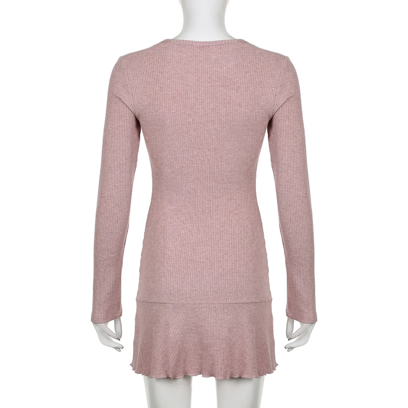 Darlingaga Korean Square Neck Pink Autumn Dress Women Sweet Fold Coquette Clothes Slim Basic Knit Mini Dress Elegant Stylish New