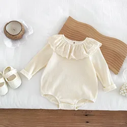 Ins Spring Baby Girl Lace Collar Wrap Rompers Cotton Long Sleeve Solid Newborn Girls Jumpsuit Bottom Versatile Triangle Creeper