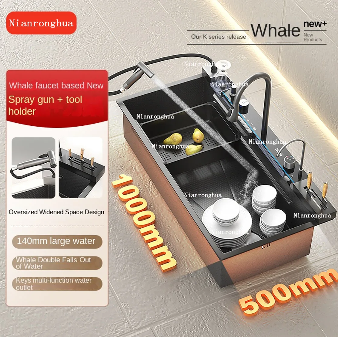 

2025 Tiktok Newest Design 30 Inch Waterfall Faucet Black Bionic Honeycomb 304 Stainless Steel Big Single Bowl Kitchen Sink