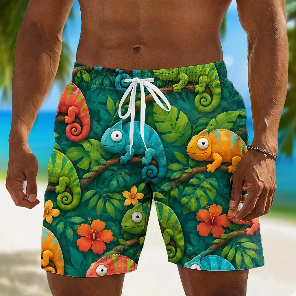 

Men's Animal Coconut Tree Print Drawstring Waist Shorts, Hawaiian Style Spring Summer Beach Vacation Daily Casual Fashion Wear