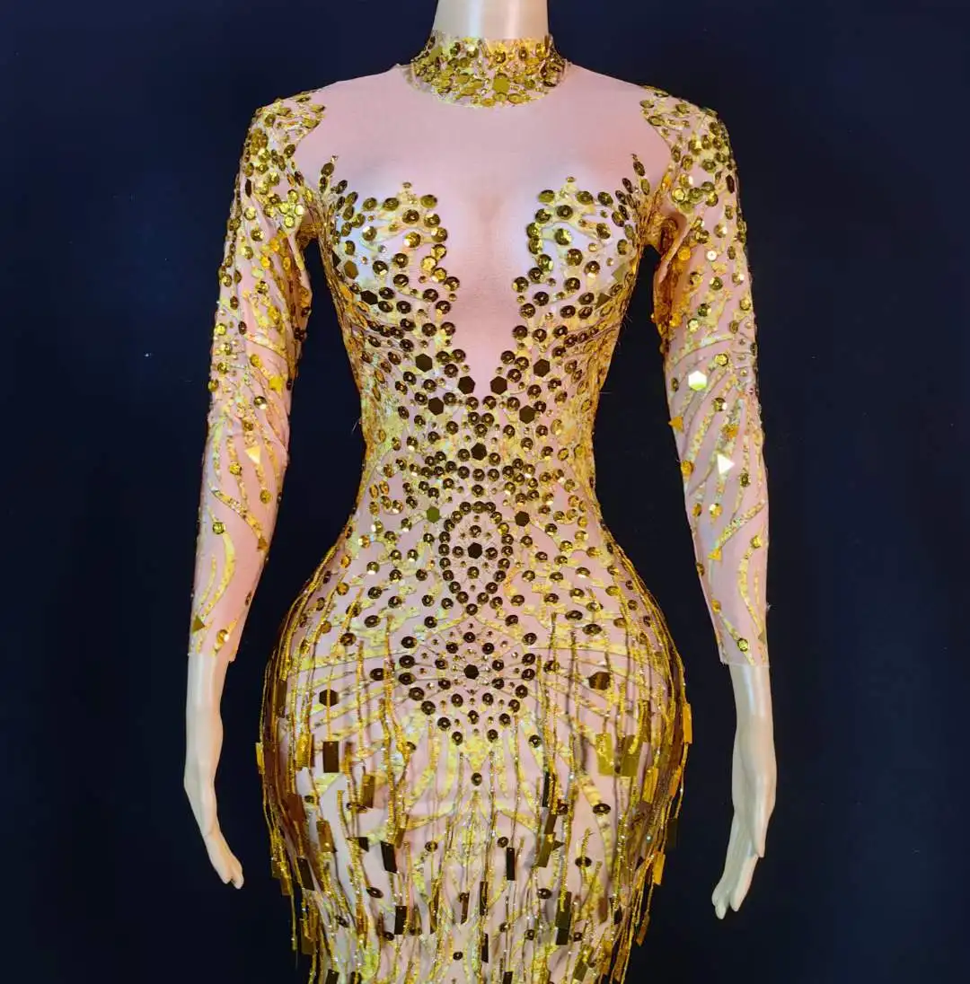 

Women Gold Rhinestone Sequins Birthday Evening Queen Shinning Performance Stage Long Dress Nightout Bodycon Graduation Costume