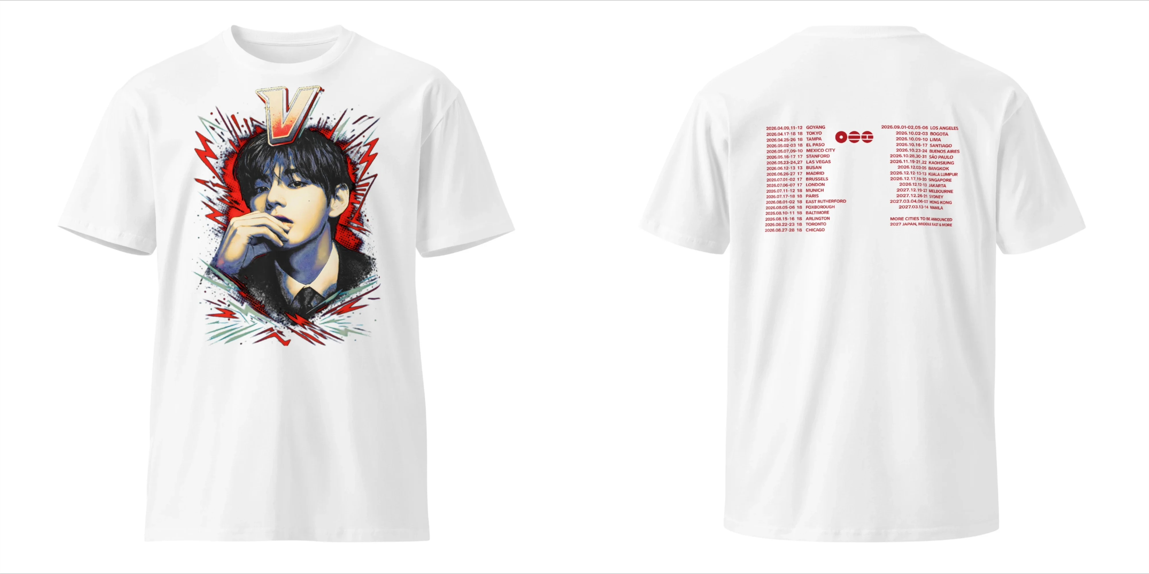 BTS V Kim Taehyung 2026 World Tour Doppelseitiges Grafik-T-Shirt mit Porträt und Tour-Städtenliste Kpop-Fans T-Shirt für Männer, Frauen und Kinder – Detail 9