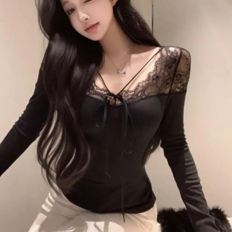 

Pure desire style lace up collar long sleeved shirt for women in spring and autumn, lace patchwork slim fit base shirt new style