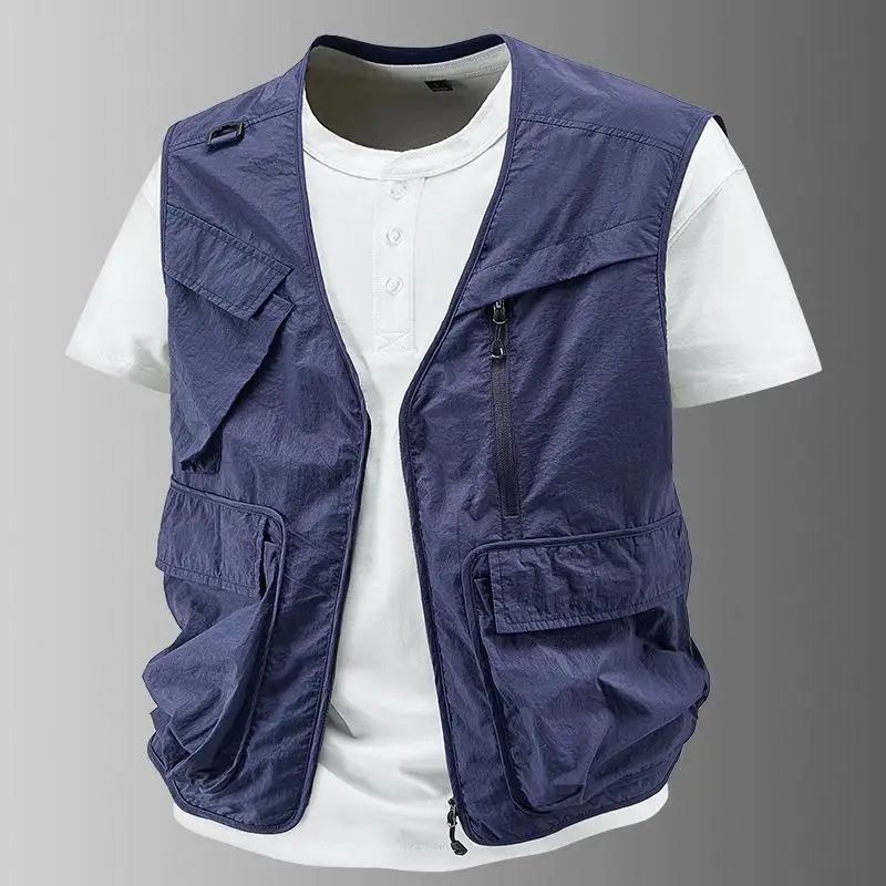 Summer Thin Quick Drying V-neck Vest For Men Multi Pocket Workwear Vest Outdoor Breathable Fishing Sleeveless Vest Print Logo