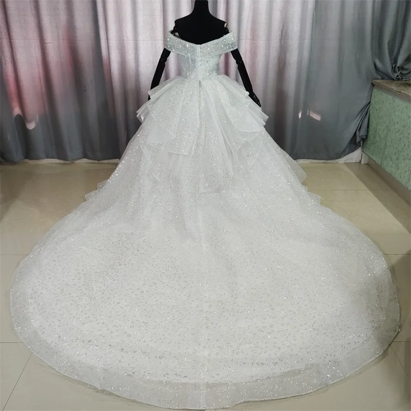 Customized Vintage France 120CM Long Cathedral train Boat Neck Wedding Dresses Luxury Heavy Hand-Works Bridal Gowns GB059T