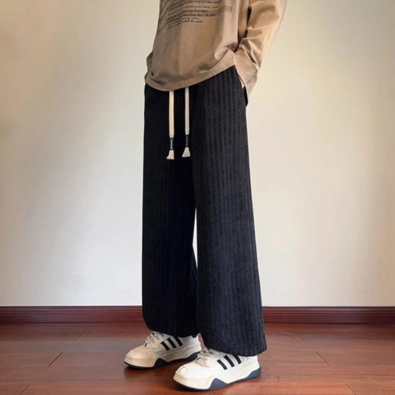 Soft Knit Casual Joggers for Men Plaid Style Stripe Design Loose Fit Sports Pants Warm for Fall Winter