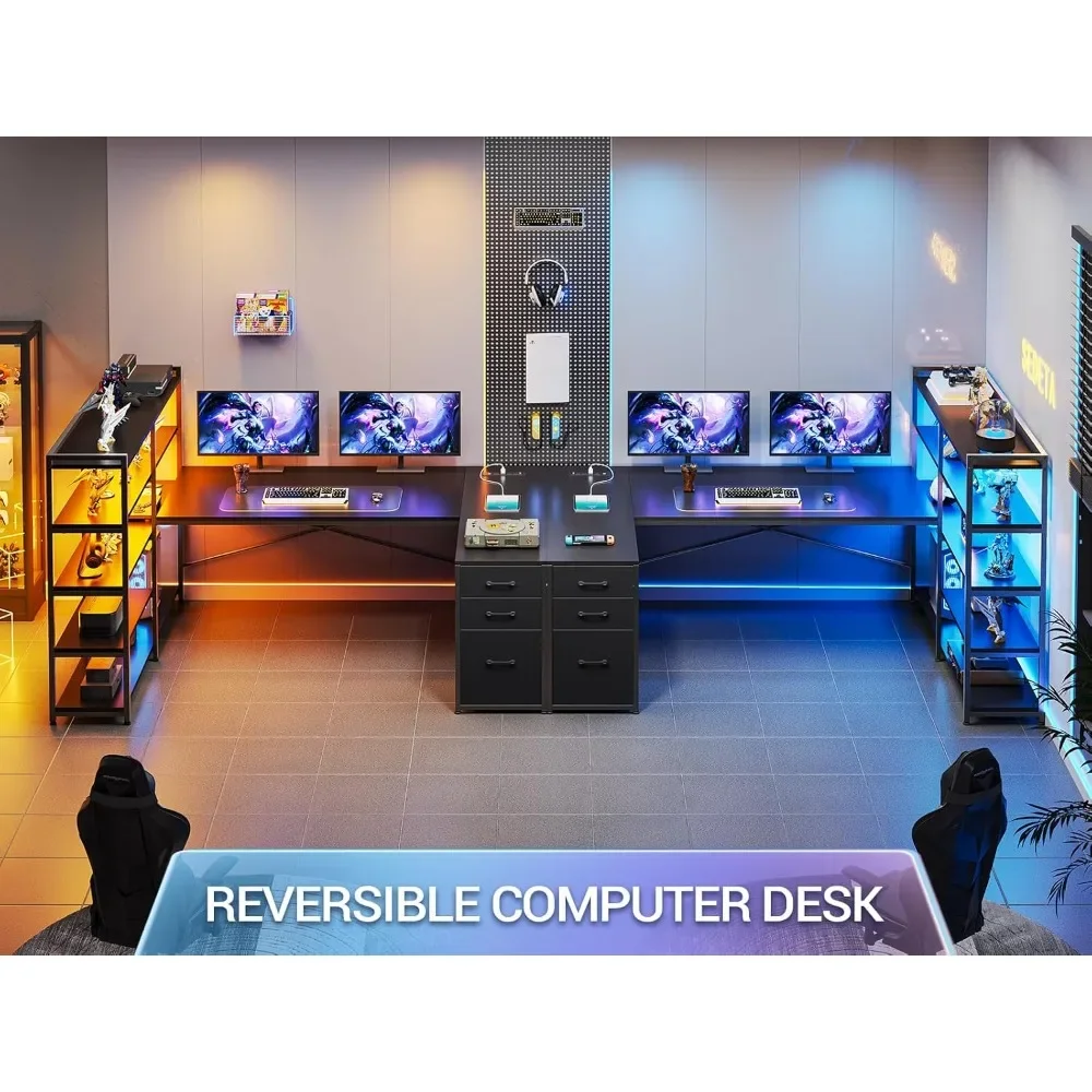 L Shaped Gaming Desk, Reversible U Shaped Computer Desk with Power Outlet and Storage Shelves, Corner Gaming Desk