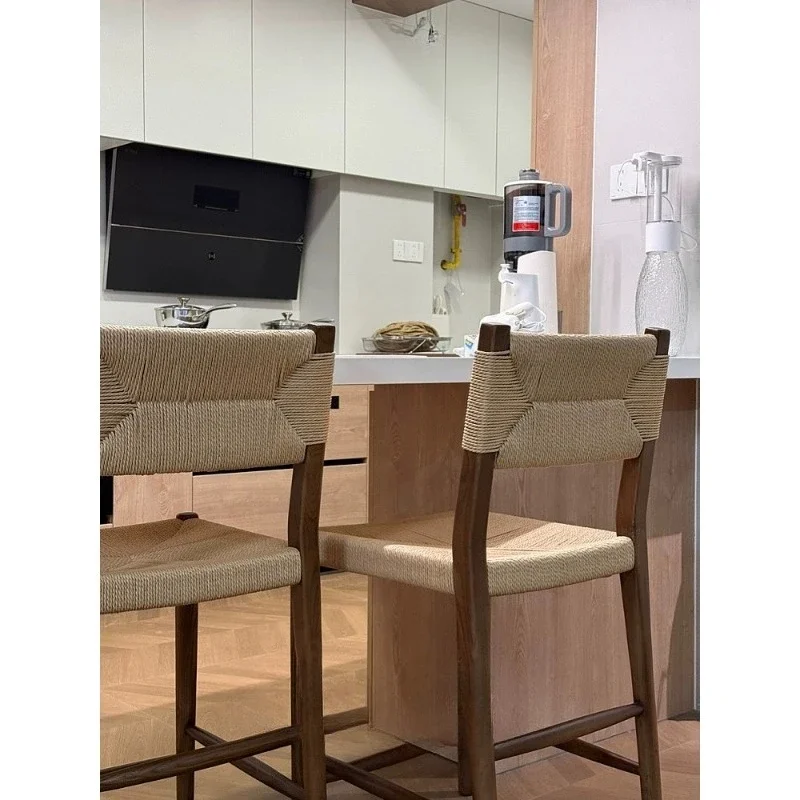 Nordic style solid wood light luxury bar chair modern simple home bar chair high stool retro rope dining chair