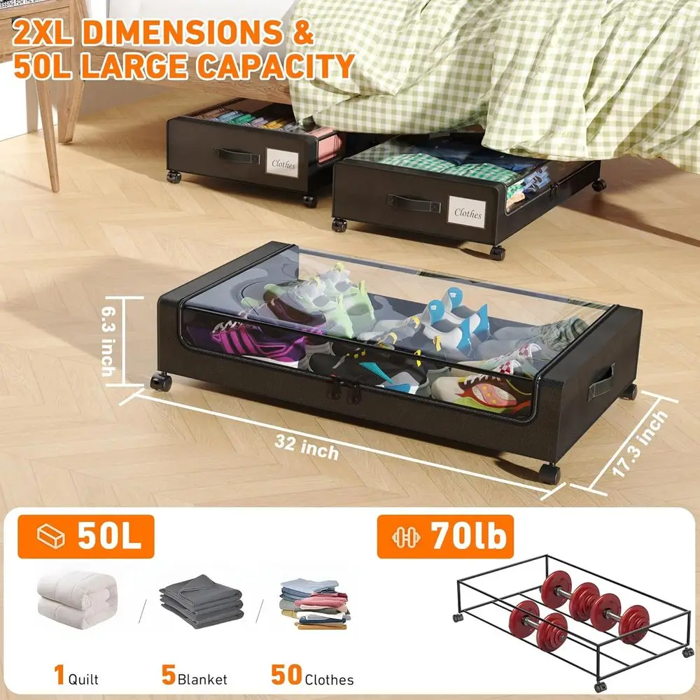 바퀴와 투명 뚜껑이 있는 4피스 XXL 침대 밑 수납 상자, 옷, 신발, 장난감용 65L 정리함 - 블랙