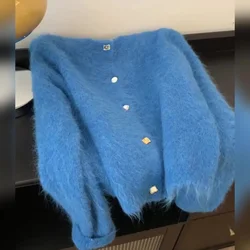 Women Soft Fluffy Plush Blue Sweater Cardigan Retro Cashmere Wool Cardigan Long Sleeve Top Thicken Y2K Streetwear Autumn Winter