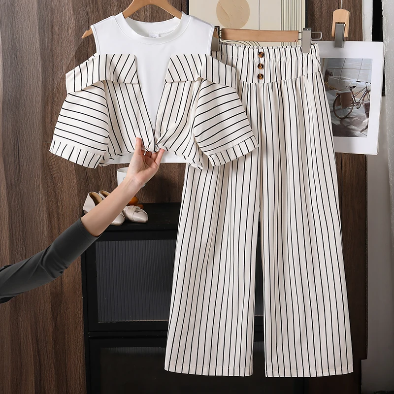 Stylish Kids 2 Piece Set 8-12 Years Old, Off Shoulder Striped Top and High Waist Trousers Girls Spring Summer Daily Suit