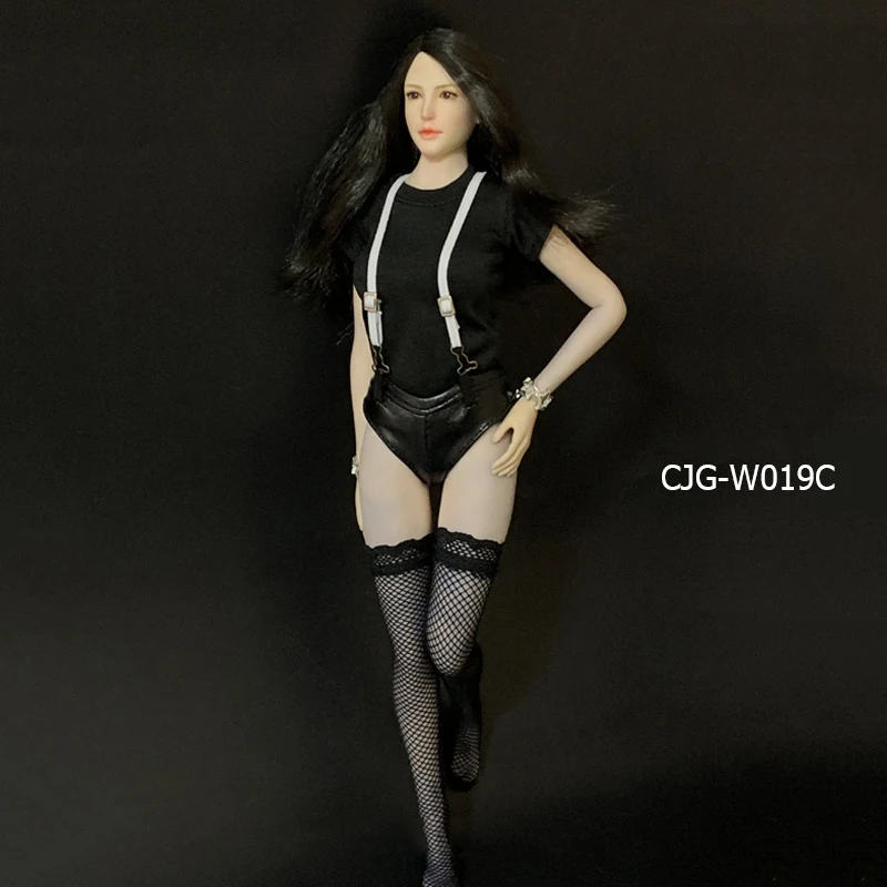CJG-W019 Женская футболка с круглым вырезом в масштабе 1/6, кожаные шорты, носки, комплект одежды, модель для экшн-фигурки 12 дюймов, тело