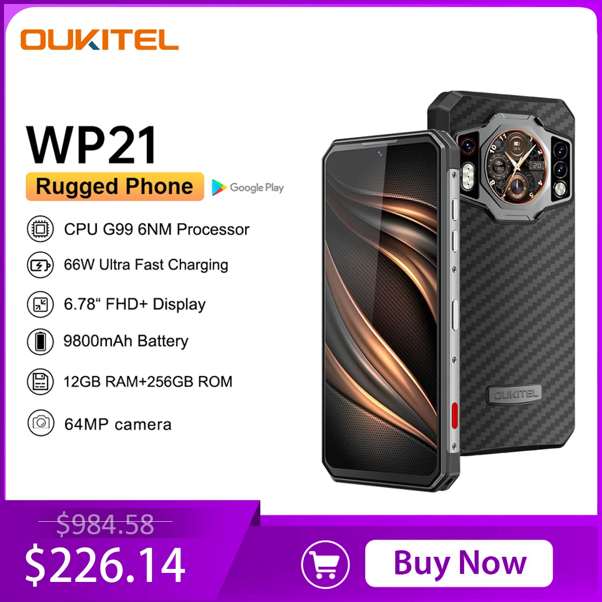 Oukitel WP21 Rugged Night Vision ,9800 mAh, 12GB+256 GB, 64MP Camera, 66W, 120 Hz  Helio G99