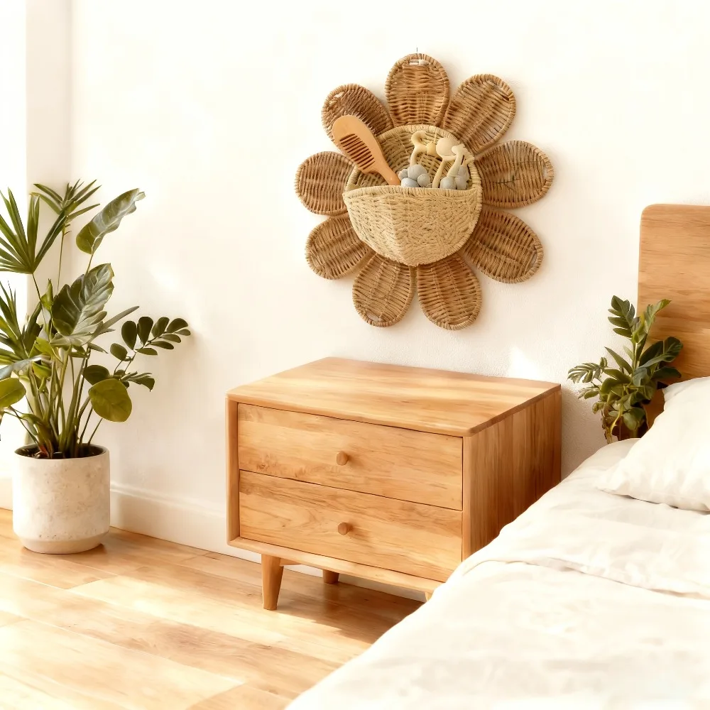 Sunflower Shaped Rattan Wall Basket Boho Hand-Woven Wall Hanging Organizer for Keys Plants Home Decorative Storage Basket 1pc