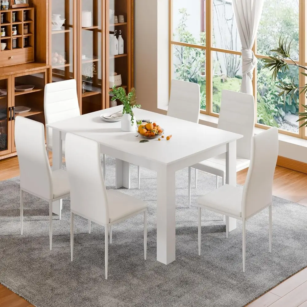 

Белый обеденный гарнитур из 6 или 7 предметов с кожаными стульями с высокой спинкой для кухни или столовой