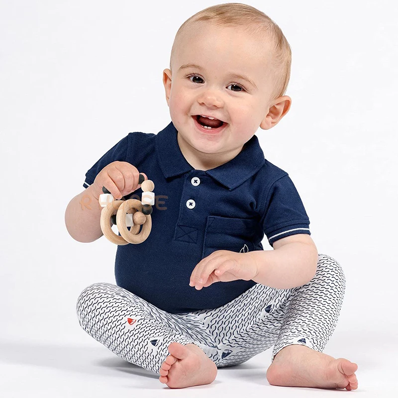 Anneau de dentition en bois 4 pièces, jouet sensoriel de style Montessori pour cadeau d'anniversaire