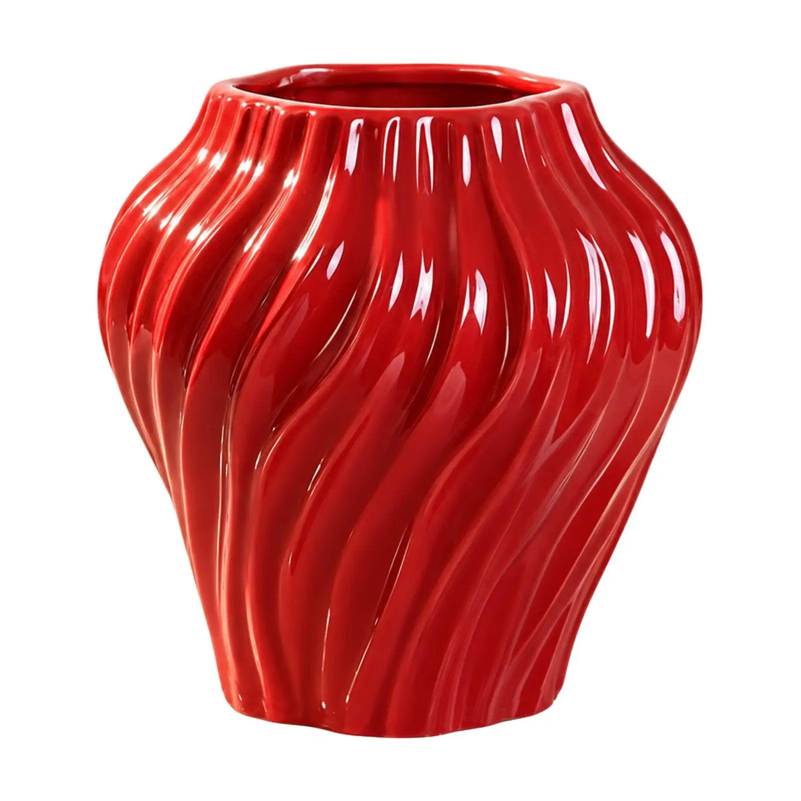 Red Ceramic Vase with Wave-Pattern Ridges Glossy Ribbed Ceramic Vase for Dining Tables, Living Rooms
