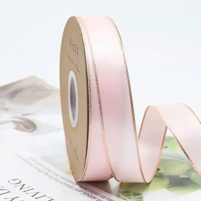 2.3cm 25 Yards Double Gold Edged Double-Sided Polyester Tape Ribbon Gift Flower Packaging Ribbon Decoration Handmade DIY Ribbons