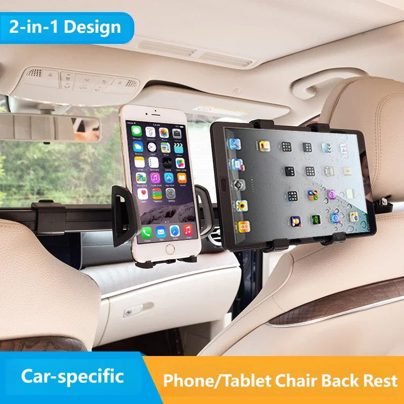Car Back Seat Headrest Tablet Phone Holder, Universal Vehicle Mount for iPad iPhone Samsung, Long Arm Adjustable Stretch Clamp
